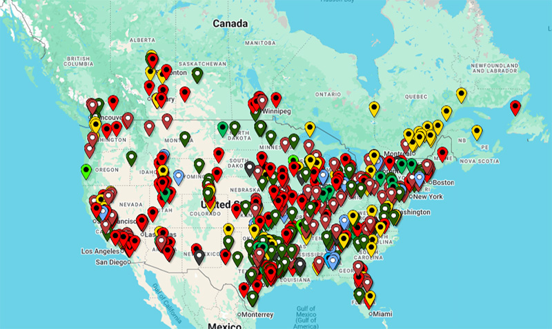 Map of ATek controller and software installations across the United States and Canada